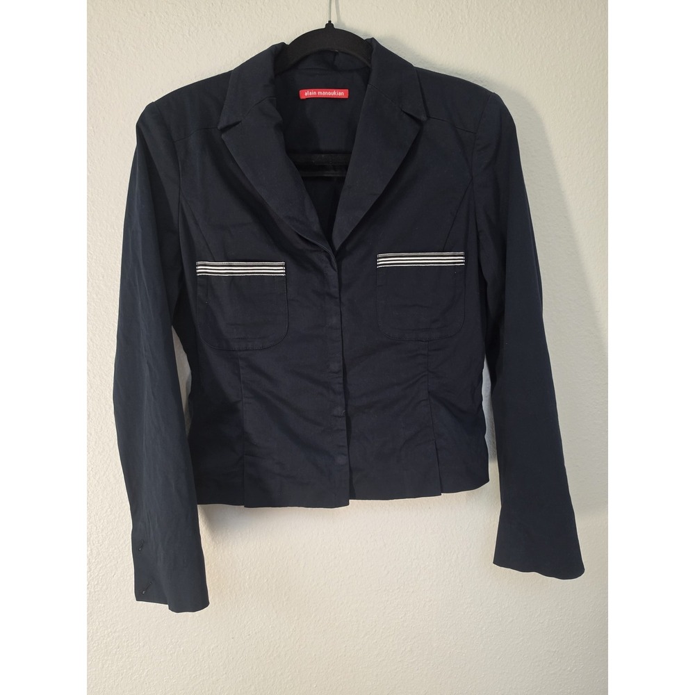 Alain Manoukian Women Jacket Dark Blue Cotton Collared Blazer Coat Classic